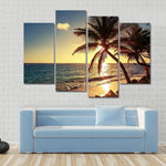 Tropical Beach Sunrise Golden Ocean Reflection Palm Trees 4 Piece Canvas Wall Art Painting Wallpaper Poster Picture Print Photo Decor