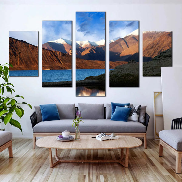 Pangong Tso Serenity Ocean Mountains Blue Sky 5 Piece Canvas Wall Art Painting Wallpaper Poster Picture Print Photo Decor
