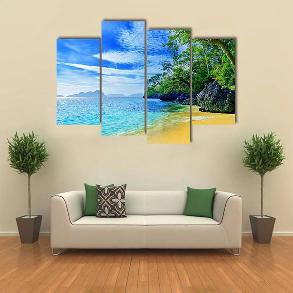 Paradise Beach Crystal Blue Sea Lush Greenery Scenic View 4 Piece Canvas Wall Art Painting Wallpaper Poster Picture Print Photo Decor