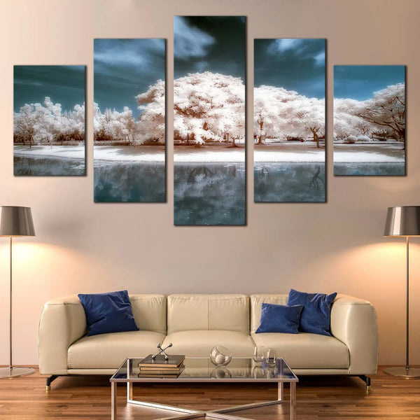 White Trees Blue Sky Water Reflection Scenic Thailand 5 Piece Canvas Wall Art Painting Wallpaper Poster Picture Print Photo Decor