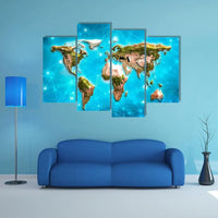 Digital World Map Illustration On Blue 4 Piece Canvas Wall Art Painting Wallpaper Poster Picture Print Photo Decor