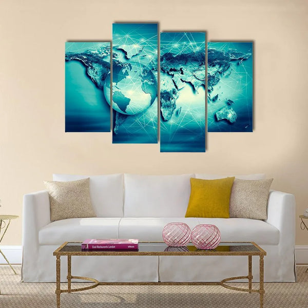 Modern Physical World Map On Teal 4 Piece Canvas Wall Art Painting Wallpaper Poster Picture Print Photo Decor