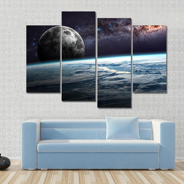 Outer Space Moon And Planet Earth Illustration 4 Piece Canvas Wall Art Painting Wallpaper Poster Picture Print Photo Decor