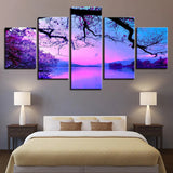 Twilight Cherry Blossom Sunrise Sunset Sky Lake View 5 Piece Canvas Wall Art Painting Wallpaper Poster Picture Print Photo Decor