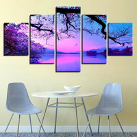 Twilight Cherry Blossom Sunrise Sunset Sky Lake View 5 Piece Canvas Wall Art Painting Wallpaper Poster Picture Print Photo Decor