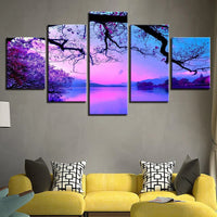 Twilight Cherry Blossom Sunrise Sunset Sky Lake View 5 Piece Canvas Wall Art Painting Wallpaper Poster Picture Print Photo Decor