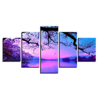 Twilight Cherry Blossom Sunrise Sunset Sky Lake View 5 Piece Canvas Wall Art Painting Wallpaper Poster Picture Print Photo Decor