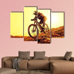 Mountain Biker Riding Down Rocky Hill At Sunset 4 Piece Canvas Wall Art Painting Wallpaper Poster Picture Print Photo Decor