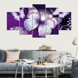 Elegant Purple And White Butterflies 5 Piece Canvas Wall Art Painting Wallpaper Poster Picture Print Photo Decor