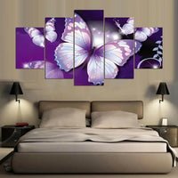 Elegant Purple And White Butterflies 5 Piece Canvas Wall Art Painting Wallpaper Poster Picture Print Photo Decor
