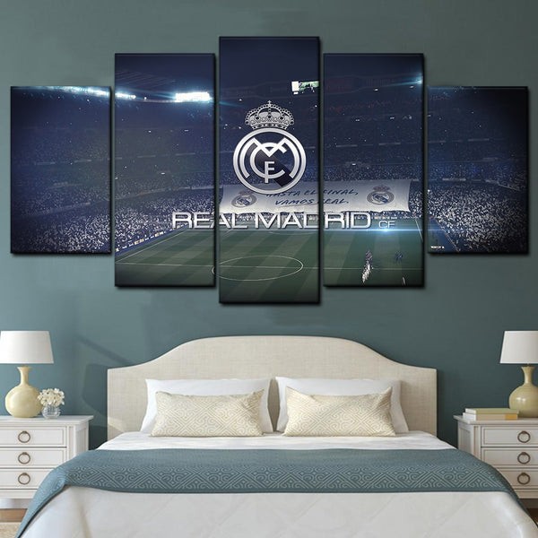 Real Madrid Soccer Logo And Stadium Santiago Bernabéu 5 Piece Canvas Wall Art Painting Wallpaper Poster Picture Print Photo Decor