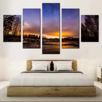Beautiful Starry Sky River Lake Sunset Landscape 5 Piece Canvas Wall Art Painting Wallpaper Poster Picture Print Photo Decor