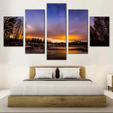Beautiful Starry Sky River Lake Sunset Landscape 5 Piece Canvas Wall Art Painting Wallpaper Poster Picture Print Photo Decor