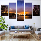 Beautiful Starry Sky River Lake Sunset Landscape 5 Piece Canvas Wall Art Painting Wallpaper Poster Picture Print Photo Decor