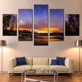 Beautiful Starry Sky River Lake Sunset Landscape 5 Piece Canvas Wall Art Painting Wallpaper Poster Picture Print Photo Decor