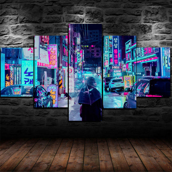 Neon Color Japanese City Street 5 Piece Canvas Wall Art Painting Wallpaper Poster Picture Print Photo Decor