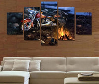 Motorcycle Camping Fire Harley Davidson On The Road 5 Piece Canvas Wall Art Painting Wallpaper Poster Picture Print Photo Decor