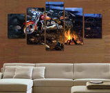 Motorcycle Camping Fire Harley Davidson On The Road 5 Piece Canvas Wall Art Painting Wallpaper Poster Picture Print Photo Decor