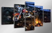 Motorcycle Camping Fire Harley Davidson On The Road 5 Piece Canvas Wall Art Painting Wallpaper Poster Picture Print Photo Decor