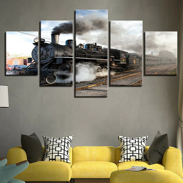 Gray Smoke Locomotive Steam Train Engine 5 Piece Canvas Wall Art Painting Wallpaper Poster Picture Print Photo Decor