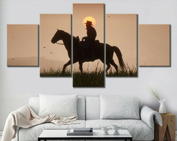 Sunset Sunrise Silhouette Cowboy Horse Animal 5 Piece Canvas Wall Art Painting Wallpaper Poster Picture Print Photo Decor