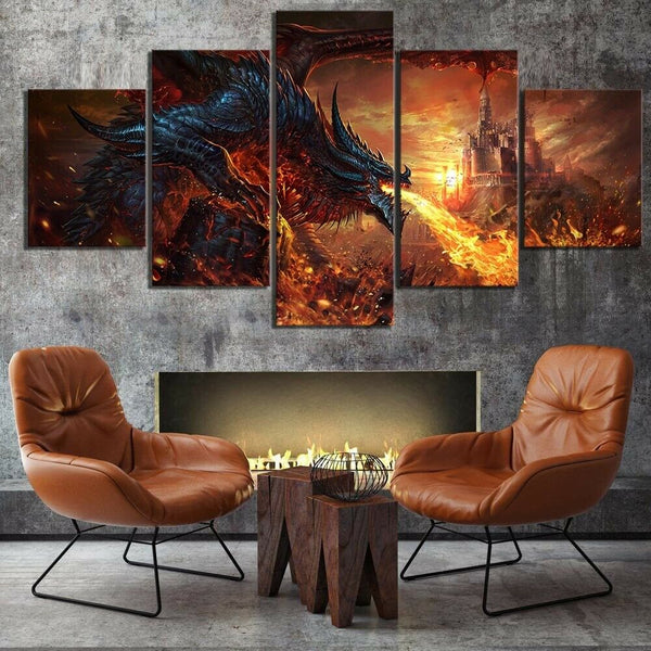 Abstract Fantasy Black Fire Dragon Castle 5 Piece Canvas Wall Art Painting Wallpaper Poster Picture Print Photo Decor