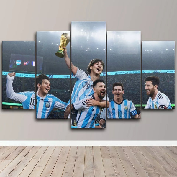 Argentina Fifa World Cup Victory Trophy Soccer Football Lionel Messi 5 Piece Canvas Wall Art Painting Wallpaper Poster Picture Print Photo Decor