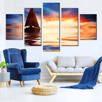 Sailboat Ocean Sunset Dramatic Sky Seascape 5 Piece Canvas Wall Art Painting Wallpaper Poster Picture Print Photo Decor