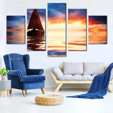 Sailboat Ocean Sunset Dramatic Sky Seascape 5 Piece Canvas Wall Art Painting Wallpaper Poster Picture Print Photo Decor