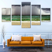 Stormy Sky Ocean Waves Sand Beach Green Sea 5 Piece Canvas Wall Art Painting Wallpaper Poster Picture Print Photo Decor