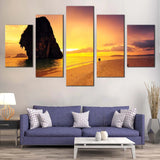 Golden Beach Sunset With Ocean Rocks Seascape 5 Piece Canvas Wall Art Painting Wallpaper Poster Picture Print Photo Decor