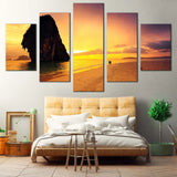 Golden Beach Sunset With Ocean Rocks Seascape 5 Piece Canvas Wall Art Painting Wallpaper Poster Picture Print Photo Decor