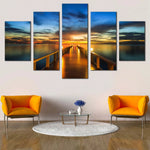 Sunset Pier Bliss Blue Sky Wooden Bridge Ocean 5 Piece Canvas Wall Art Painting Wallpaper Poster Picture Print Photo Decor