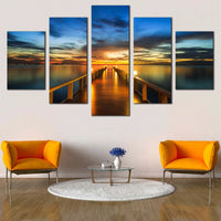 Sunset Pier Bliss Blue Sky Wooden Bridge Ocean 5 Piece Canvas Wall Art Painting Wallpaper Poster Picture Print Photo Decor