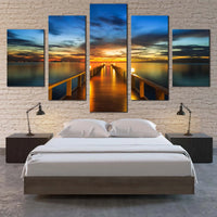 Sunset Pier Bliss Blue Sky Wooden Bridge Ocean 5 Piece Canvas Wall Art Painting Wallpaper Poster Picture Print Photo Decor