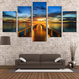 Sunset Pier Bliss Blue Sky Wooden Bridge Ocean 5 Piece Canvas Wall Art Painting Wallpaper Poster Picture Print Photo Decor