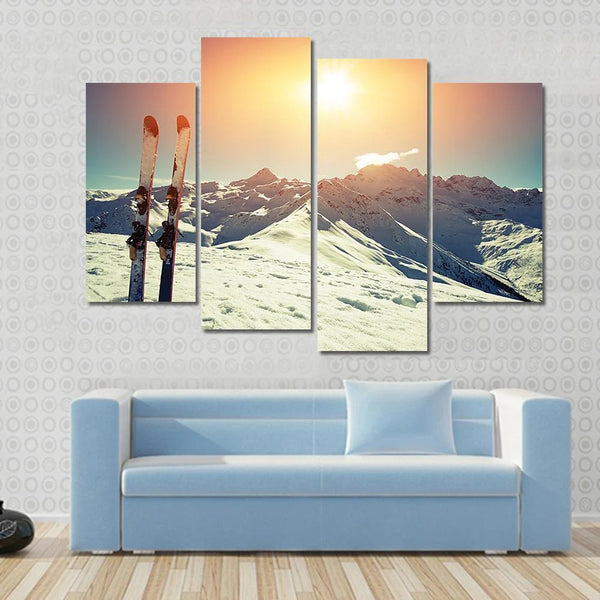 Skis In Snow With Alpine Mountain Sunset 4 Piece Canvas Wall Art Painting Wallpaper Poster Picture Print Photo Decor