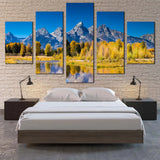 Grand Teton National Park Wyoming Golden Aspens Mountains 5 Piece Canvas Wall Art Painting Wallpaper Poster Picture Print Photo Decor