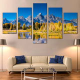 Grand Teton National Park Wyoming Golden Aspens Mountains 5 Piece Canvas Wall Art Painting Wallpaper Poster Picture Print Photo Decor