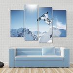 Snowboarder Jumping Over Alpine Mountains 4 Piece Canvas Wall Art Painting Wallpaper Poster Picture Print Photo Decor