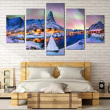 Aurora Borealis Over Lofoten Islands Northern Lights Norway 5 Piece Canvas Wall Art Painting Wallpaper Poster Picture Print Photo Decor