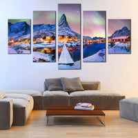 Aurora Borealis Over Lofoten Islands Northern Lights Norway 5 Piece Canvas Wall Art Painting Wallpaper Poster Picture Print Photo Decor