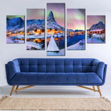 Aurora Borealis Over Lofoten Islands Northern Lights Norway 5 Piece Canvas Wall Art Painting Wallpaper Poster Picture Print Photo Decor