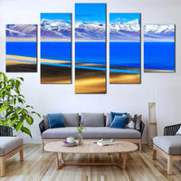 Snow Capped Mountains And Blue Lake Tibetan Landscape 5 Piece Panel Canvas Wall Art 5 Piece Canvas Wall Art Painting Wallpaper Poster Picture Print Photo Decor