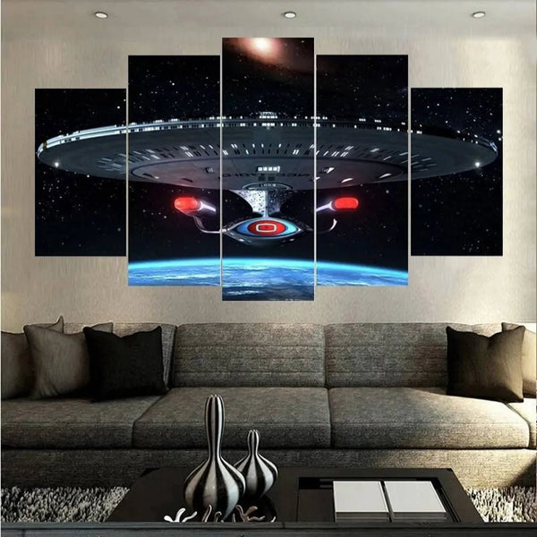 Futuristic Star Trek Spaceship Galaxy in Orbit 5 Piece Canvas Wall Art Painting Wallpaper Poster Picture Print Photo Decor