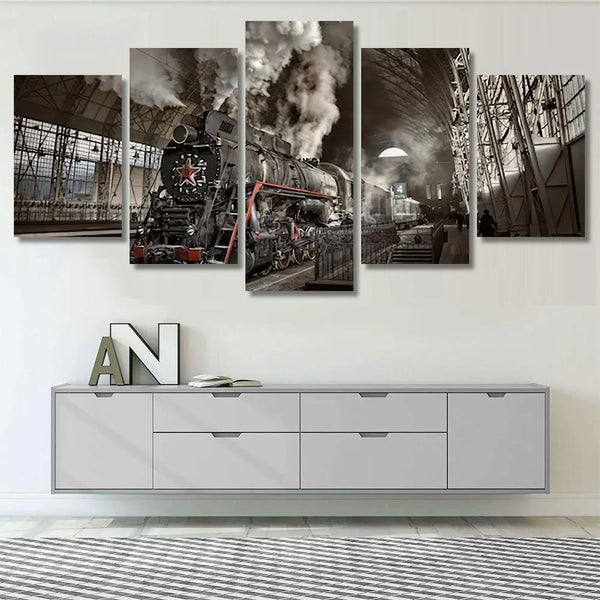 Vintage Industrial Steam Train At Station 5 Piece Canvas Wall Art Pain ...