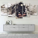 Black And White Vintage Steam Train In Motion 5 Piece Canvas Wall Art Painting Wallpaper Poster Picture Print Photo Decor