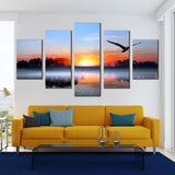 Lake Sunset With Bird Silhouettes Blue Sky Trees Reflection 5 Piece Canvas Wall Art Painting Wallpaper Poster Picture Print Photo Decor