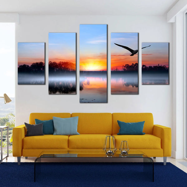 Lake Sunset With Bird Silhouettes Blue Sky Trees Reflection 5 Piece Canvas Wall Art Painting Wallpaper Poster Picture Print Photo Decor