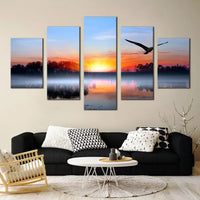 Lake Sunset With Bird Silhouettes Blue Sky Trees Reflection 5 Piece Canvas Wall Art Painting Wallpaper Poster Picture Print Photo Decor